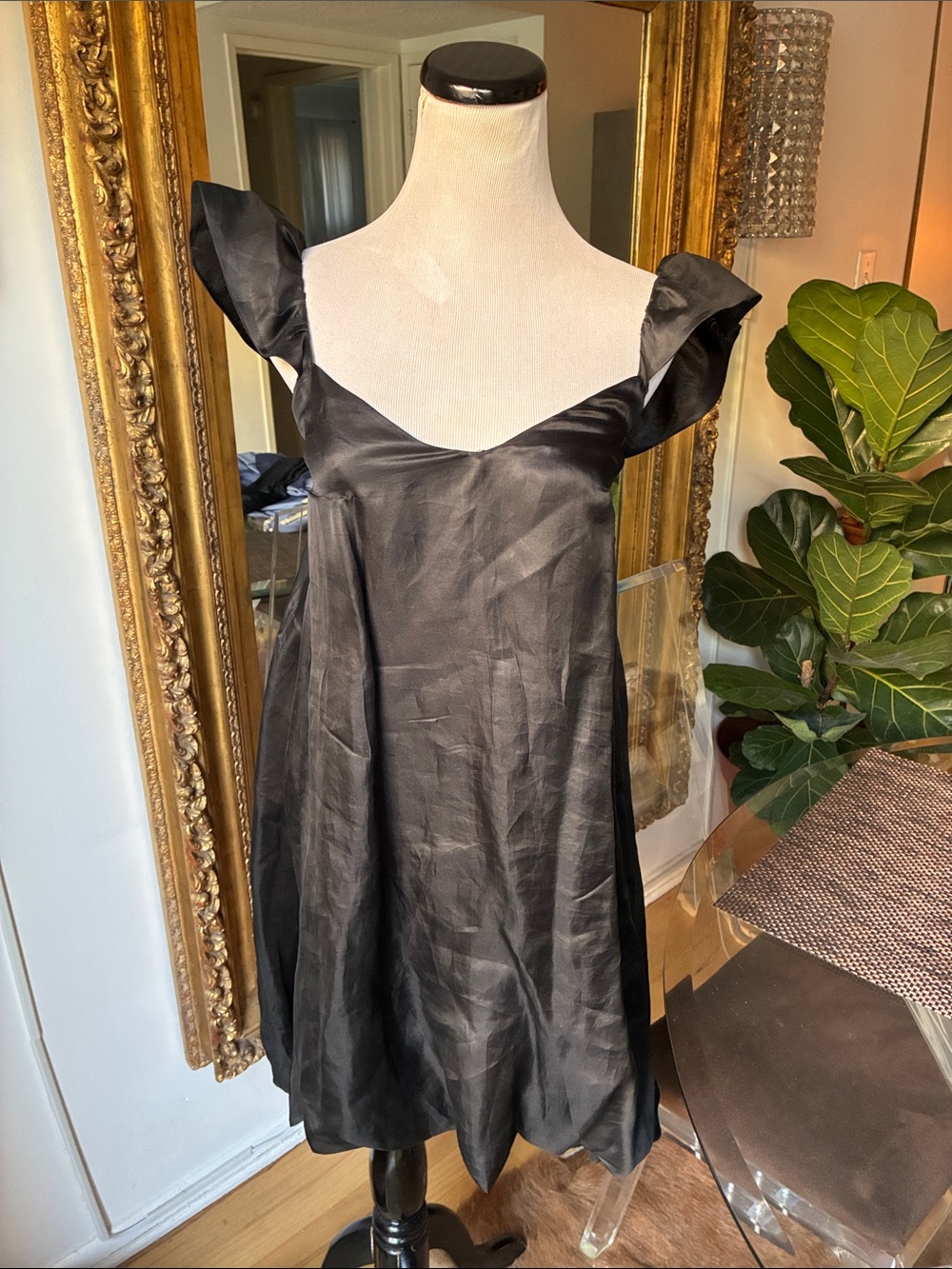 Erin fetherston Black Flutter-Sleeve Midi silk Dress -  size small